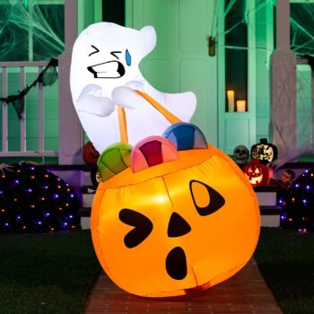 Joiedomi 5 FT Tall Halloween Inflatable Cute Ghost Inflatable Lift Pumpkin Candy Bag with Build-in LEDs Blow Up Inflatables for Halloween Party Indoor, Outdoor, Yard, Garden, Lawn Decorations