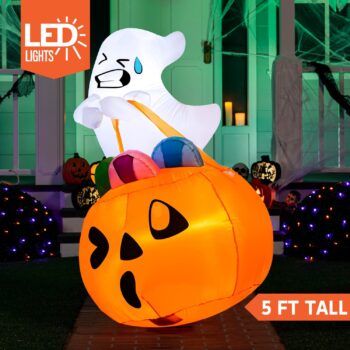 Joiedomi 5 FT Tall Halloween Inflatable Cute Ghost Inflatable Lift Pumpkin Candy Bag with Build-in LEDs Blow Up Inflatables for Halloween Party Indoor, Outdoor, Yard, Garden, Lawn Decorations