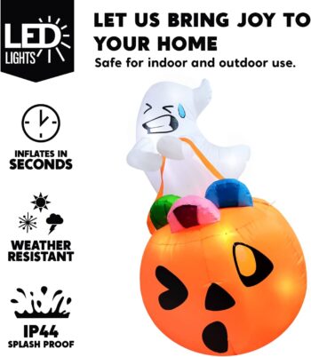 Joiedomi 5 FT Tall Halloween Inflatable Cute Ghost Inflatable Lift Pumpkin Candy Bag with Build-in LEDs Blow Up Inflatables for Halloween Party Indoor, Outdoor, Yard, Garden, Lawn Decorations