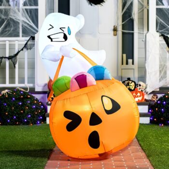 Joiedomi 5 FT Tall Halloween Inflatable Cute Ghost Inflatable Lift Pumpkin Candy Bag with Build-in LEDs Blow Up Inflatables for Halloween Party Indoor, Outdoor, Yard, Garden, Lawn Decorations