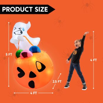 Joiedomi 5 FT Tall Halloween Inflatable Cute Ghost Inflatable Lift Pumpkin Candy Bag with Build-in LEDs Blow Up Inflatables for Halloween Party Indoor, Outdoor, Yard, Garden, Lawn Decorations