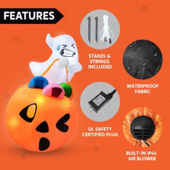 Joiedomi 5 FT Tall Halloween Inflatable Cute Ghost Inflatable Lift Pumpkin Candy Bag with Build-in LEDs Blow Up Inflatables for Halloween Party Indoor, Outdoor, Yard, Garden, Lawn Decorations