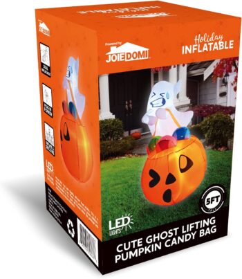 Joiedomi 5 FT Tall Halloween Inflatable Cute Ghost Inflatable Lift Pumpkin Candy Bag with Build-in LEDs Blow Up Inflatables for Halloween Party Indoor, Outdoor, Yard, Garden, Lawn Decorations