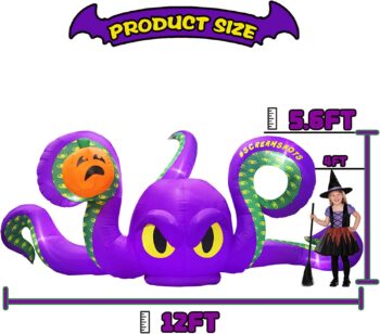 Joyfizzle 12Ft Long Halloween Inflatables Giant Octopus with Pumpkin Halloween Decorations Outdoor, Blow Up with LED Lights for Halloween Decorations