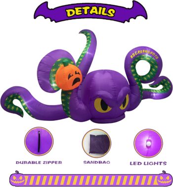 Joyfizzle 12Ft Long Halloween Inflatables Giant Octopus with Pumpkin Halloween Decorations Outdoor, Blow Up with LED Lights for Halloween Decorations