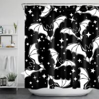 LB Spooky Halloween Shower Curtain Decor, Gothic Horror Halloween Black and White Bats Shower Curtains 72X72 inch Polyester Fabric Bathroom Decoration Bath Curtains Hooks Included