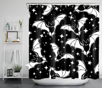 LB Spooky Halloween Shower Curtain Decor, Gothic Horror Halloween Black and White Bats Shower Curtains 72X72 inch Polyester Fabric Bathroom Decoration Bath Curtains Hooks Included