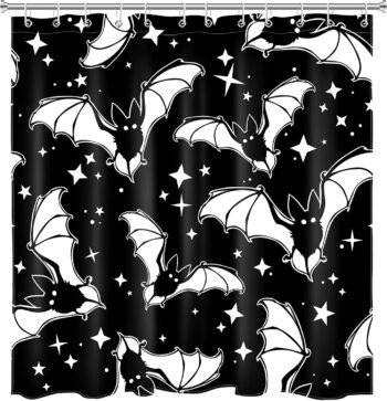 LB Spooky Halloween Shower Curtain Decor, Gothic Horror Halloween Black and White Bats Shower Curtains 72X72 inch Polyester Fabric Bathroom Decoration Bath Curtains Hooks Included