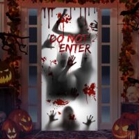 Large Halloween Window Door Cover Fabric Scary Bloody Handprint and Shadowy Figure Halloween Props Poster Banner for Halloween Haunted House Decorations Halloween Supplies (Do Not Enter)