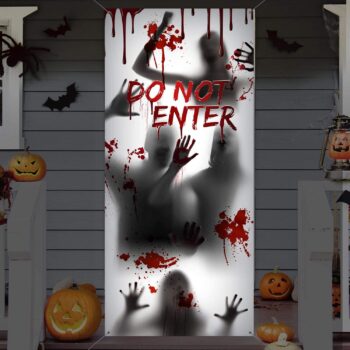 Large Halloween Window Door Cover Fabric Scary Bloody Handprint and Shadowy Figure Halloween Props Poster Banner for Halloween Haunted House Decorations Halloween Supplies (Do Not Enter)