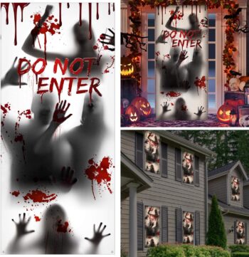 Large Halloween Window Door Cover Fabric Scary Bloody Handprint and Shadowy Figure Halloween Props Poster Banner for Halloween Haunted House Decorations Halloween Supplies (Do Not Enter)