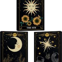 Set of 3 Tarot Cards Celestial Canvas Prints Wall Art . Star Sun And Moon Print Poster . Mystic Themed Art . Astrology Art Boho Decor . Medieval Europe Room Decor For Bedroom , Living Room Framed