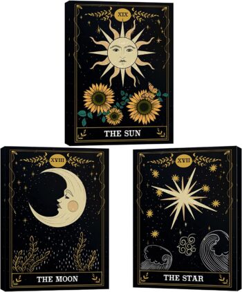 Set of 3 Tarot Cards Celestial Canvas Prints Wall Art . Star Sun And Moon Print Poster . Mystic Themed Art . Astrology Art Boho Decor . Medieval Europe Room Decor For Bedroom , Living Room Framed