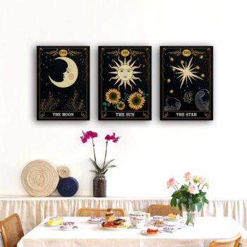 Set of 3 Tarot Cards Celestial Canvas Prints Wall Art . Star Sun And Moon Print Poster . Mystic Themed Art . Astrology Art Boho Decor . Medieval Europe Room Decor For Bedroom , Living Room Framed