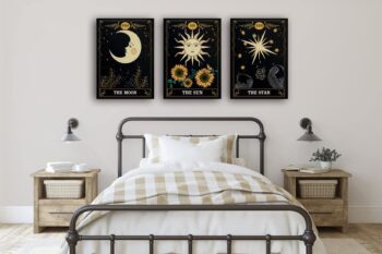 Set of 3 Tarot Cards Celestial Canvas Prints Wall Art . Star Sun And Moon Print Poster . Mystic Themed Art . Astrology Art Boho Decor . Medieval Europe Room Decor For Bedroom , Living Room Framed