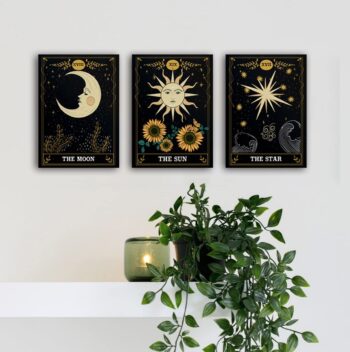 Set of 3 Tarot Cards Celestial Canvas Prints Wall Art . Star Sun And Moon Print Poster . Mystic Themed Art . Astrology Art Boho Decor . Medieval Europe Room Decor For Bedroom , Living Room Framed