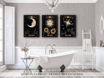 Set of 3 Tarot Cards Celestial Canvas Prints Wall Art . Star Sun And Moon Print Poster . Mystic Themed Art . Astrology Art Boho Decor . Medieval Europe Room Decor For Bedroom , Living Room Framed