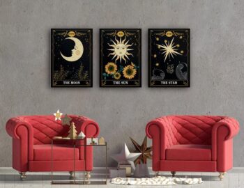 Set of 3 Tarot Cards Celestial Canvas Prints Wall Art . Star Sun And Moon Print Poster . Mystic Themed Art . Astrology Art Boho Decor . Medieval Europe Room Decor For Bedroom , Living Room Framed