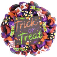 Trick or Treat Halloween Wreath | Candy Corn Door Decoration | Purple Orange Black White Green