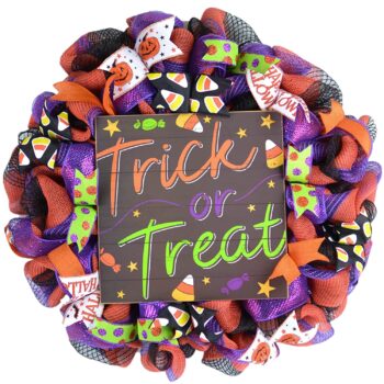 Trick or Treat Halloween Wreath | Candy Corn Door Decoration | Purple Orange Black White Green