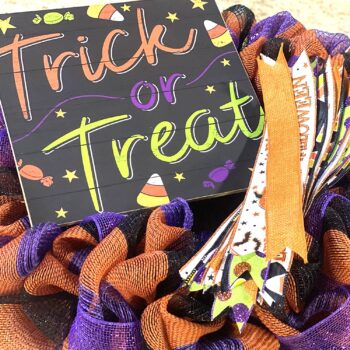 Trick or Treat Halloween Wreath | Candy Corn Door Decoration | Purple Orange Black White Green