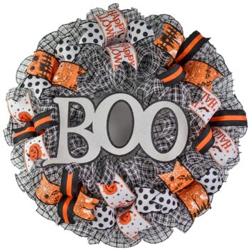 White Black Halloween Wreath - Boo Orange Front Door Decor - Ghost Decorations