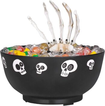 9 Inch Animated Skeleton Hand Halloween Candy Bowl with Spooky Phrases - Motion Activated