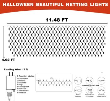 DAZZLE BRIGHT Halloween 360 LED Net Lights, 12FT x 5 FT Connectable String Lights with 8 Lighting Modes, Halloween Decorations for Party Carnival Supplies, Indoor Outdoor Yard Garden Decor (Orange)