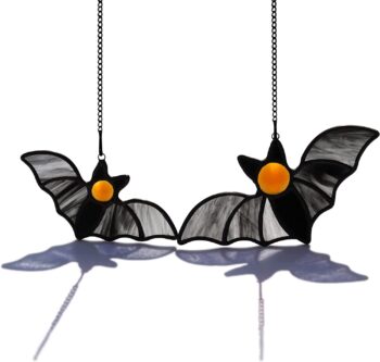 HAOSUM Bat Decor Stained Glass Window Hanging -Double Halloween Bats Suncatcher for Window Gothic Decor Black Bats. (Black A)…