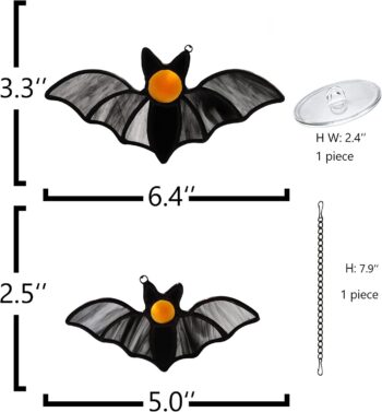 HAOSUM Bat Decor Stained Glass Window Hanging -Double Halloween Bats Suncatcher for Window Gothic Decor Black Bats. (Black A)…