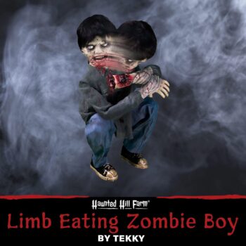 Haunted Hill Farm Creepy Crouching Limb Eating Zombie Boy with Glowing Eyes by Tekky | Talking Animated Halloween Decorations Battery Operated Animatronics Holiday Decor HHLBRPR-FLSA, Multicolor