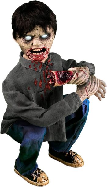 Haunted Hill Farm Creepy Crouching Limb Eating Zombie Boy with Glowing Eyes by Tekky | Talking Animated Halloween Decorations Battery Operated Animatronics Holiday Decor HHLBRPR-FLSA, Multicolor