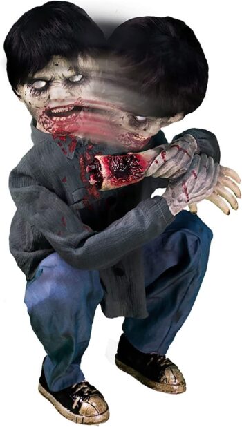 Haunted Hill Farm Creepy Crouching Limb Eating Zombie Boy with Glowing Eyes by Tekky | Talking Animated Halloween Decorations Battery Operated Animatronics Holiday Decor HHLBRPR-FLSA, Multicolor