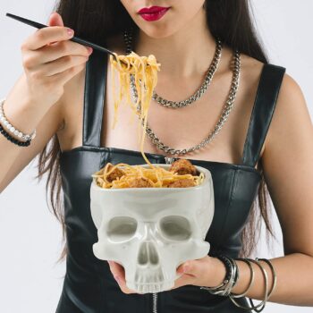 Human Skull Bowl for Eating - Food Safe Skeleton Head Pasta Bowl – Portable Cereal Chalice - Home Bar Candy Server & Punch Dispenser - Retro Gothic Tabletop Ornament – Goth Dining Table Centerpiece