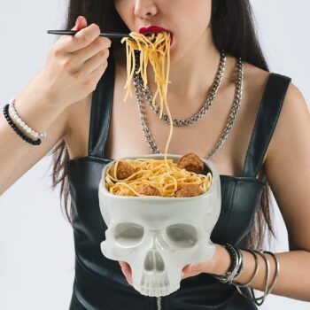 Human Skull Bowl for Eating - Food Safe Skeleton Head Pasta Bowl – Portable Cereal Chalice - Home Bar Candy Server & Punch Dispenser - Retro Gothic Tabletop Ornament – Goth Dining Table Centerpiece