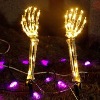 LJLNION Halloween Decorations, 2 Pack Lighted Skeleton Arm Stakes, 40 LED Warm White Lights Waterproof Battery Operated with Timer, Light Up Holiday Party Home Yard Art, Indoor Outdoor Ornament