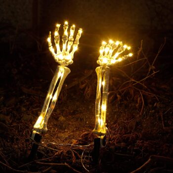 LJLNION Halloween Decorations, 2 Pack Lighted Skeleton Arm Stakes, 40 LED Warm White Lights Waterproof Battery Operated with Timer, Light Up Holiday Party Home Yard Art, Indoor Outdoor Ornament