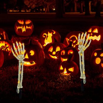 LJLNION Halloween Decorations, 2 Pack Lighted Skeleton Arm Stakes, 40 LED Warm White Lights Waterproof Battery Operated with Timer, Light Up Holiday Party Home Yard Art, Indoor Outdoor Ornament