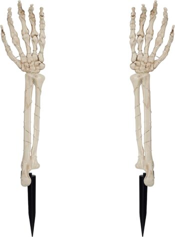 LJLNION Halloween Decorations, 2 Pack Lighted Skeleton Arm Stakes, 40 LED Warm White Lights Waterproof Battery Operated with Timer, Light Up Holiday Party Home Yard Art, Indoor Outdoor Ornament