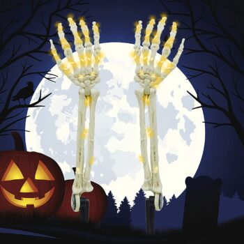 LJLNION Halloween Decorations, 2 Pack Lighted Skeleton Arm Stakes, 40 LED Warm White Lights Waterproof Battery Operated with Timer, Light Up Holiday Party Home Yard Art, Indoor Outdoor Ornament