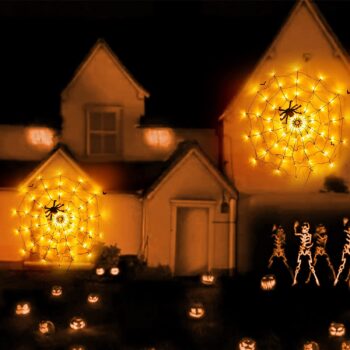 PABIPABI Halloween Decorations Lights Spider Web LED Black Spider Cobweb Lights 3.25FT 70 LED Waterproof Orange Lights and Black Spider, Light Up Decor for Party Yard Bar Haunted House Indoor&Outdoor