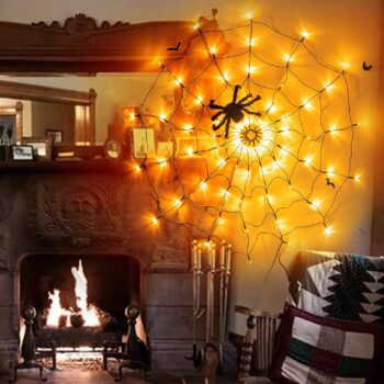 PABIPABI Halloween Decorations Lights Spider Web LED Black Spider Cobweb Lights 3.25FT 70 LED Waterproof Orange Lights and Black Spider, Light Up Decor for Party Yard Bar Haunted House Indoor&Outdoor