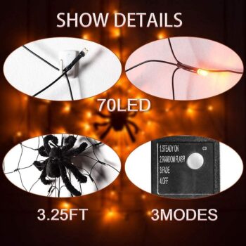 PABIPABI Halloween Decorations Lights Spider Web LED Black Spider Cobweb Lights 3.25FT 70 LED Waterproof Orange Lights and Black Spider, Light Up Decor for Party Yard Bar Haunted House Indoor&Outdoor