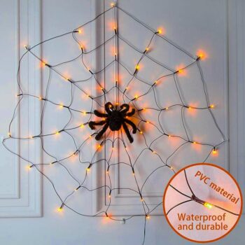 PABIPABI Halloween Decorations Lights Spider Web LED Black Spider Cobweb Lights 3.25FT 70 LED Waterproof Orange Lights and Black Spider, Light Up Decor for Party Yard Bar Haunted House Indoor&Outdoor