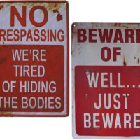 Wonderwin Beware of Well Just Beware & No Trespassing We're Tired of Hiding The Bodies 8” x 12” Retro Metal Signs Vintage Bar Decor Yard Signs Halloween Props - 2 PCS