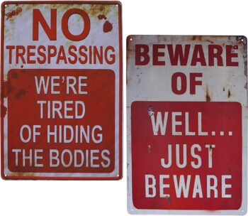 Wonderwin Beware of Well Just Beware & No Trespassing We're Tired of Hiding The Bodies 8” x 12” Retro Metal Signs Vintage Bar Decor Yard Signs Halloween Props - 2 PCS