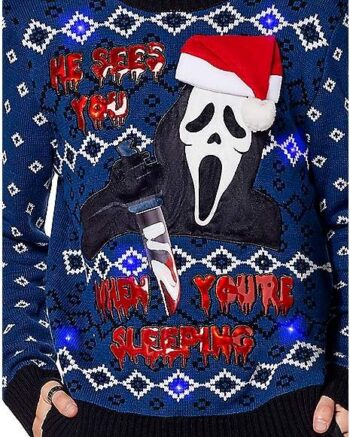 Light-Up He Sees You Ghost Face Ugly Christmas Sweater