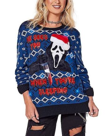 Light-Up He Sees You Ghost Face Ugly Christmas Sweater