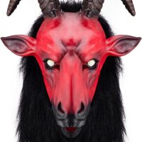 Full Head Halloween Red Goat Mask, Scary Satanic Mask for Halloween Cosplay Masquerade Costume Party, Horror Evil Goat Mask