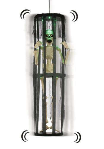 40" Activated LED & Sound Shaking Skeleton in Cage Halloween Decoration